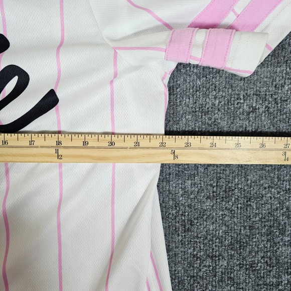 Barbie Official Baseball Jersey Shirt White Pink Number 58 Women's Size Large - Picture 7 of 7